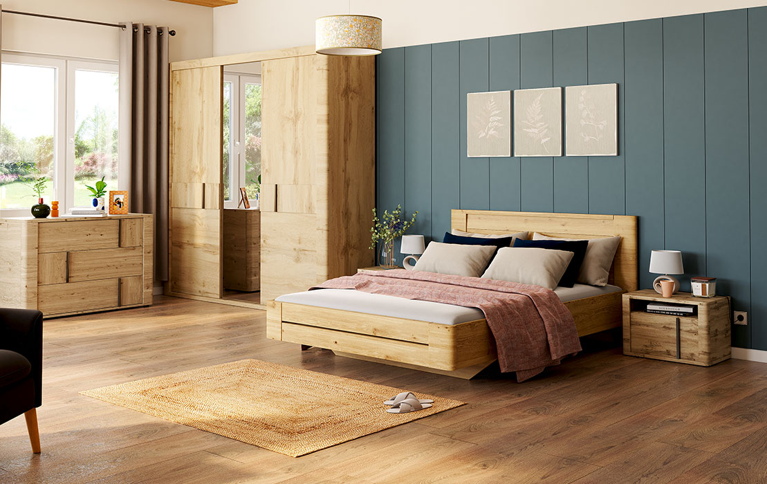 meubles bois clairs parquet fonce chambre lumineuse