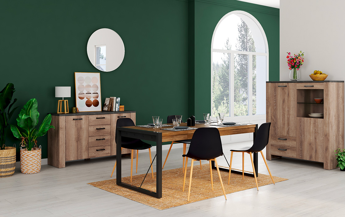 meubles bois mur vert foret salle a manger